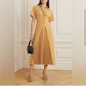 A.L.C. Florence Tan Layered Pleated Crepe Midi Dress